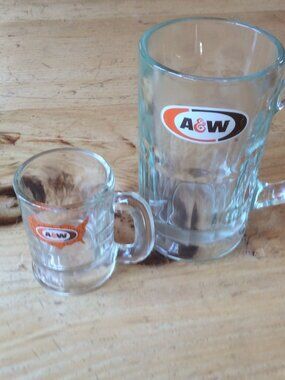 2 Vintage 70s A & W Root Beer Heavy Clear Glass Mug Bundle 14 & 4 Ounces